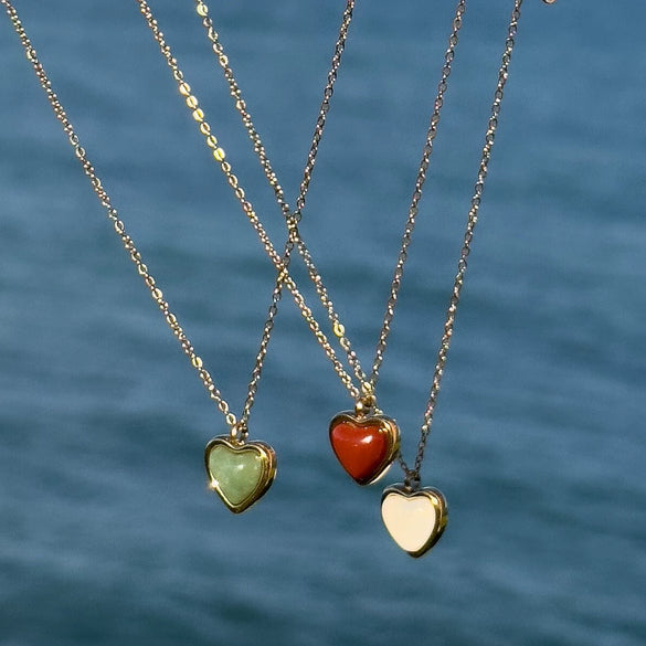 Stainless Steel Geometric Heartshaped Imitation Natural Stone Red Agate Pendant Necklace Electroplated 18K Gold Color Preservation O Chain