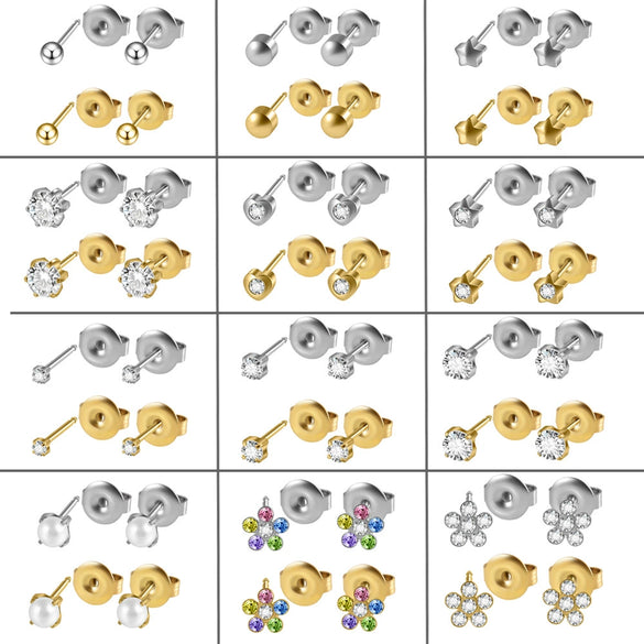 Stainless Steel Geometric Heartshaped Rhinestone Electroplated Ear Studs With Flower Design