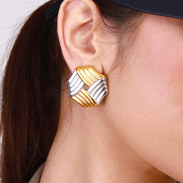 Stainless Steel Geometric Hollow Earrings With Gold And Silver Color Matching Electroplated Jewelry