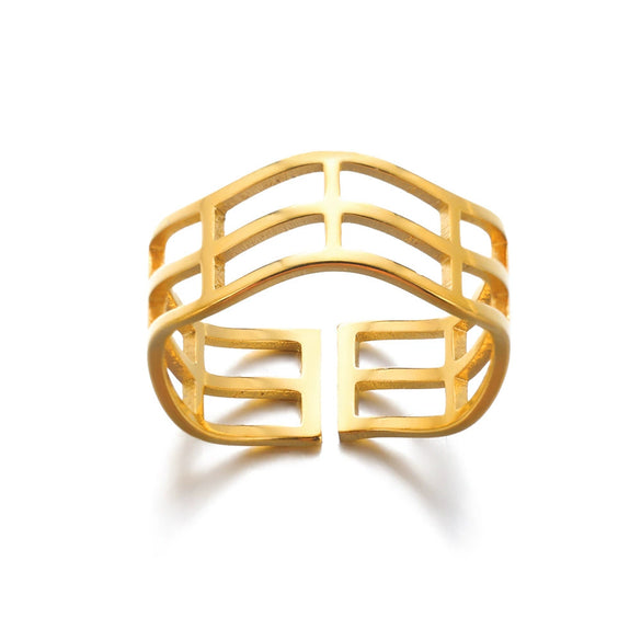 Stainless Steel Geometric Hollow Line Multilayer 18K Gold Plated Unisex Ring