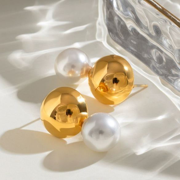 Stainless Steel Geometric Hollow Steel Ball Pearl Earrings Electroplating Design For Women