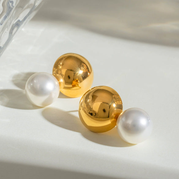 Stainless Steel Geometric Hollow Steel Ball Pearl Earrings Electroplating Design For Women
