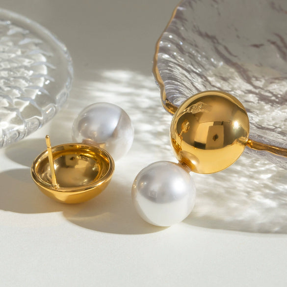 Stainless Steel Geometric Hollow Steel Ball Pearl Earrings Electroplating Design For Women