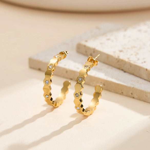 Stainless Steel Geometric Honeycomb Vacuum Real Gold Plated Unisex Earrings With Original Design