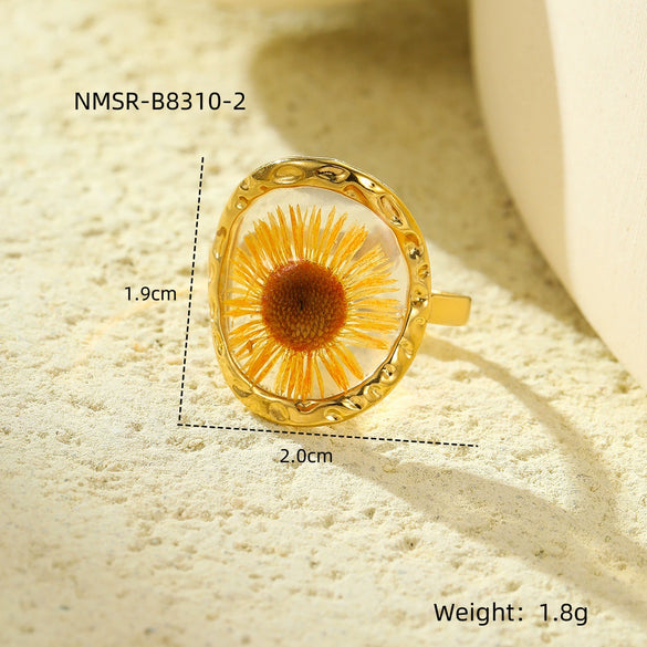 Stainless Steel Geometric Inlaid Eternal Flower Sunflower Dried Flower Ring Electroplated For Women