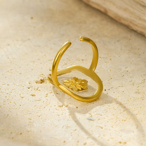 Stainless Steel Geometric Inlaid Flower 18K Gold Plated Ring