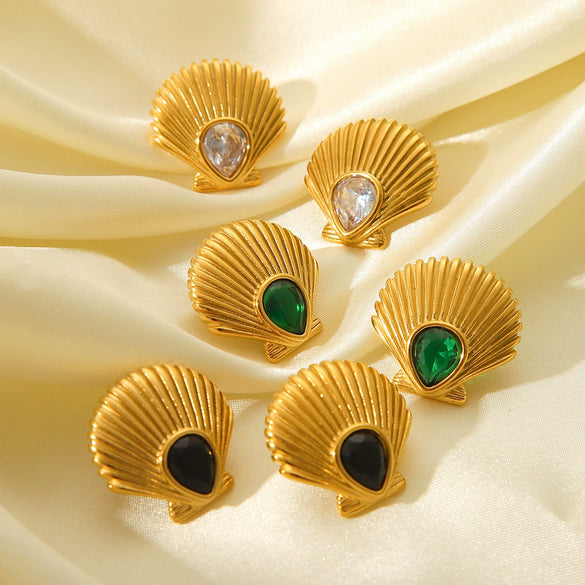 Stainless Steel Geometric Inlaid Zircon Scallop Women's Earrings