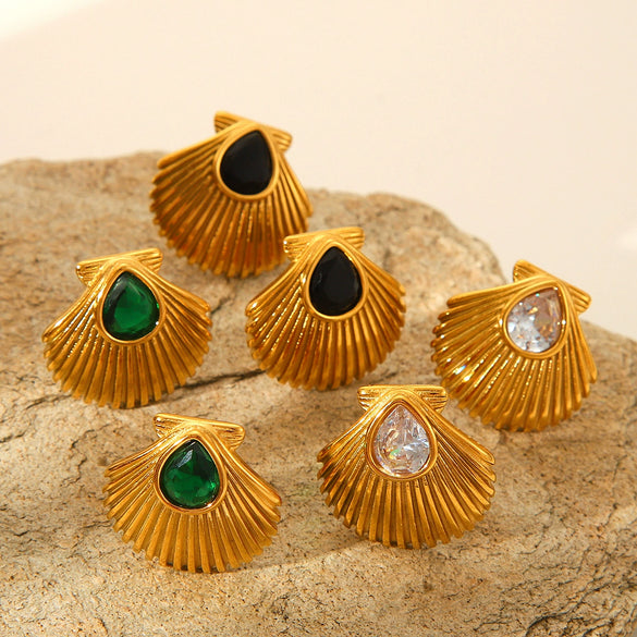 Stainless Steel Geometric Inlaid Zircon Scallop Women's Earrings