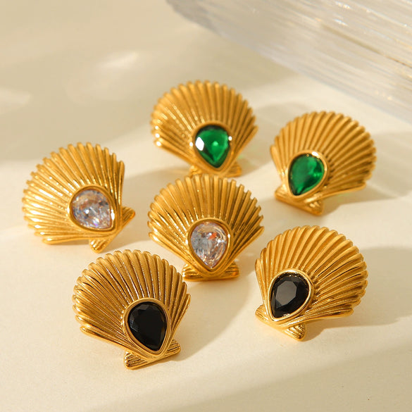 Stainless Steel Geometric Inlaid Zircon Scallop Women's Earrings