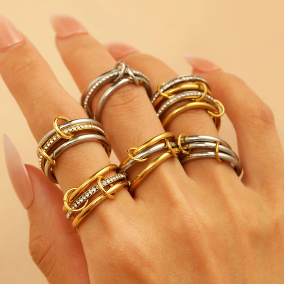 Stainless Steel Geometric Interlocking Ring Electroplated Women's Multiring Stacked Style