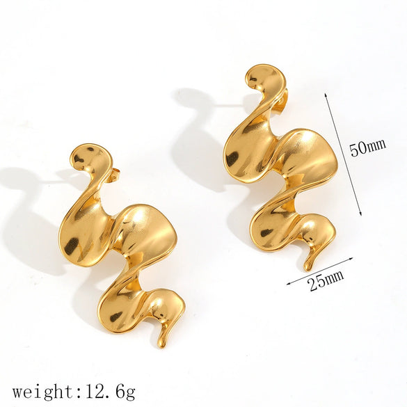 Stainless Steel Geometric Irregular Pleated Wavy Niche Design Electroplated Earrings For Women