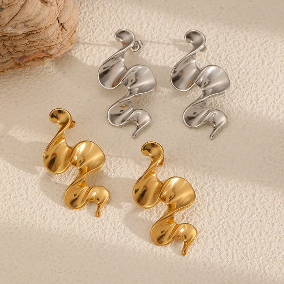 Stainless Steel Geometric Irregular Pleated Wavy Niche Design Electroplated Earrings For Women