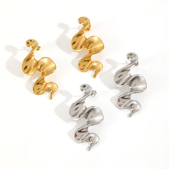 Stainless Steel Geometric Irregular Pleated Wavy Niche Design Electroplated Earrings For Women