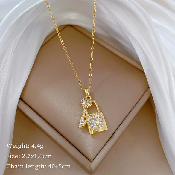 Stainless Steel Geometric Love Lock Diamond Necklace For Women