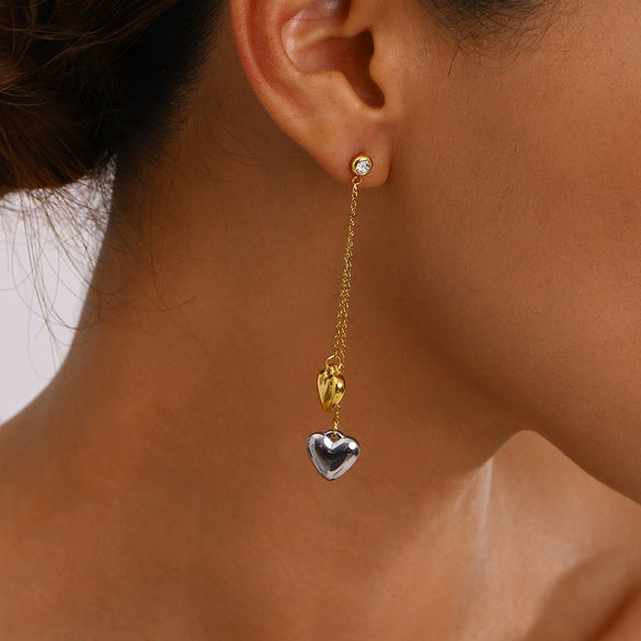 Stainless Steel Geometric Love Tassel Earrings With 18K Gold And White Diamond Gold And Silver Color Matching Electroplated