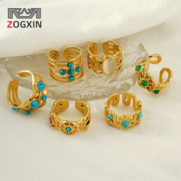 316L Stainless Steel Geometric Malachite Inlaid Electroplated Unisex Ring