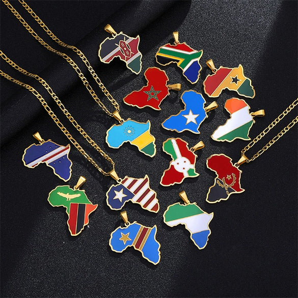 Stainless Steel Geometric Map Pendant Necklace With Cuban Chain Electroplated Titanium Steel Hip Hop Jewelry