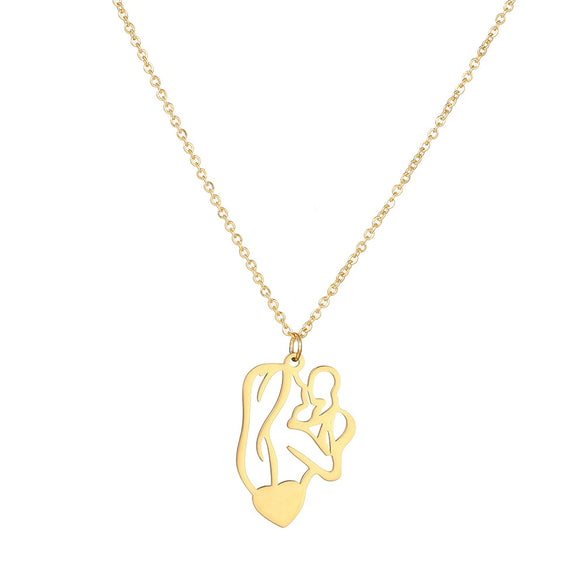 Stainless Steel Geometric Mother And Child Pendant Necklace With Snake Bone Chain Real Gold Electroplated