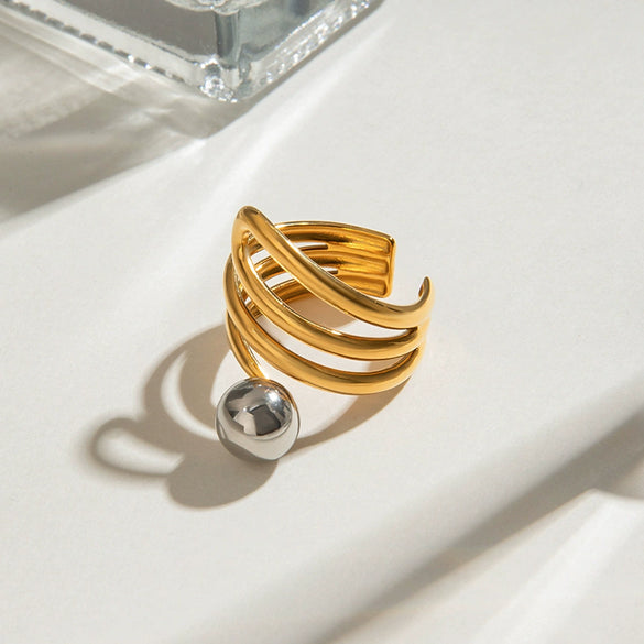 Stainless Steel Geometric Multi Layer Steel Ball Opening Ring With Gold And Silver Color Matching And Electroplating Treatment