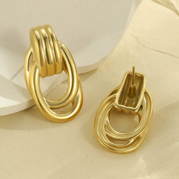 Stainless Steel Geometric Multilayer Earrings With Golden Thread Winding And Electroplating