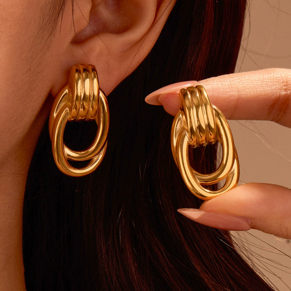 Stainless Steel Geometric Multilayer Earrings With Golden Thread Winding And Electroplating