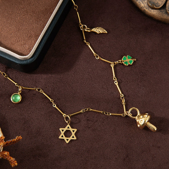 Stainless Steel Geometric Mushroom Four Leaf Clover Birthstone Pendant Necklace With Vacuum Plating