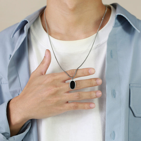 Stainless Steel Geometric Natural Stone Abalone Pendant Necklace For Men