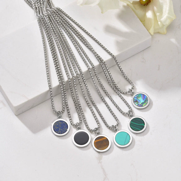 Stainless Steel Geometric Natural Stone Abalone Pendant Necklace For Men