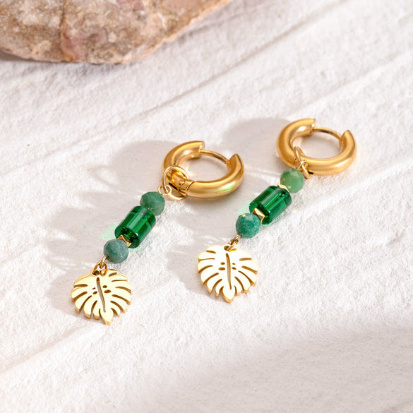 Stainless Steel Geometric Natural Stone Crystal Ear Buckle Earrings With Electroplating For Women