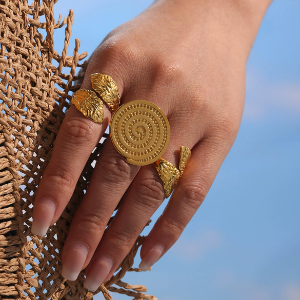 316L Stainless Steel Geometric Open Ring Bracelet With Leaf Texture And Electroplating