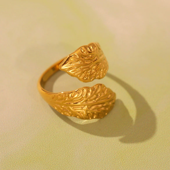 316L Stainless Steel Geometric Open Ring Bracelet With Leaf Texture And Electroplating