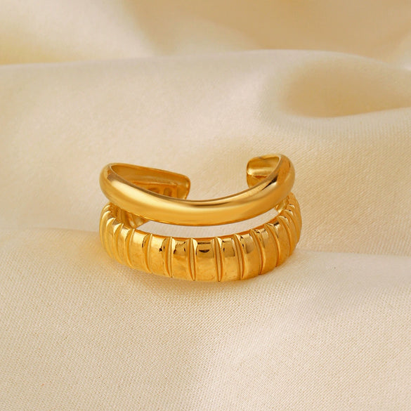 Stainless Steel Geometric Open Ring For Women With Real Gold Electroplated