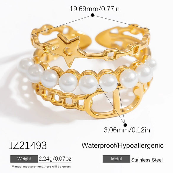Stainless Steel Geometric Open Ring Jewelry Electroplated With Bright Stone And 18K Gold Colorpreserving Feature