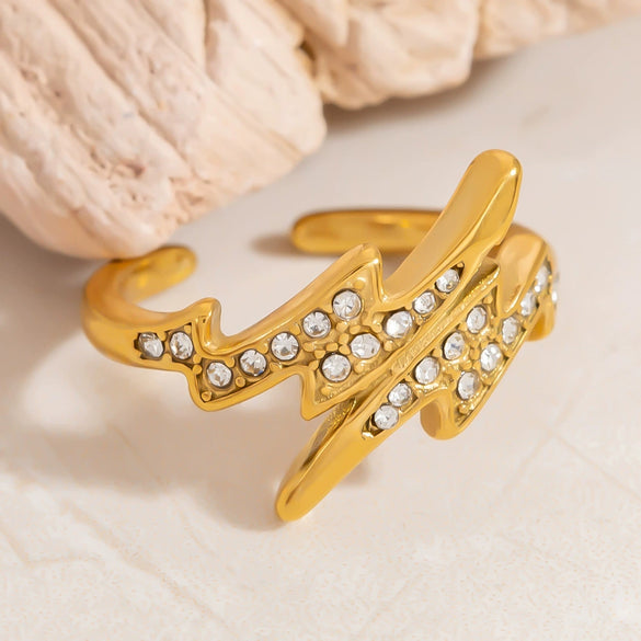 Stainless Steel Geometric Open Ring Jewelry Electroplated With Bright Stone And 18K Gold Colorpreserving Feature