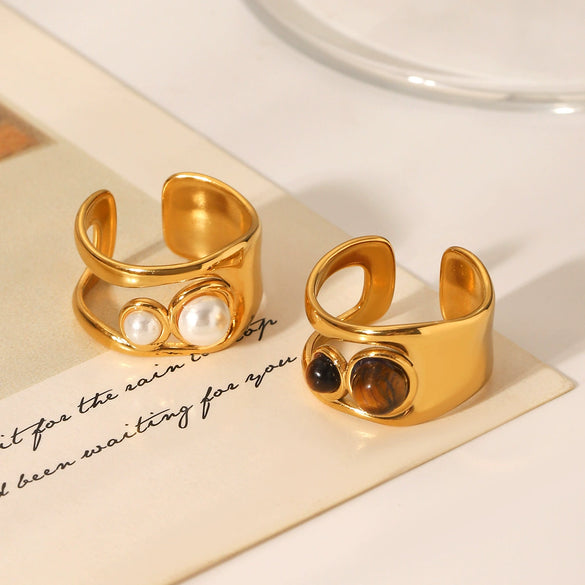 Stainless Steel Geometric Open Ring Set With Pearls And Tiger Eye Stone Minimalist Style Women's
