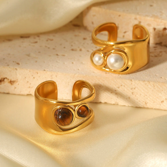 Stainless Steel Geometric Open Ring Set With Pearls And Tiger Eye Stone Minimalist Style Women's
