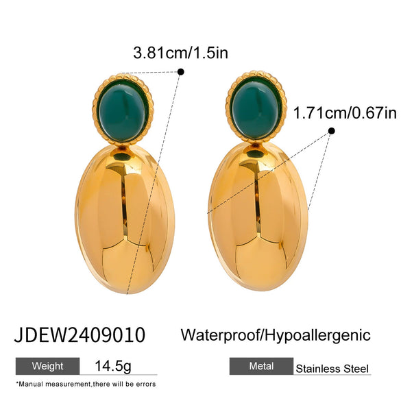 Stainless Steel Geometric Oval Green Agate Pendant Earrings For Women Electroplated Light Luxury Design