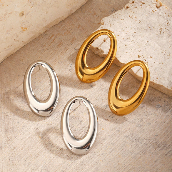 Stainless Steel Geometric Oval Hiphop Cut Out Electroplated Women's Earrings