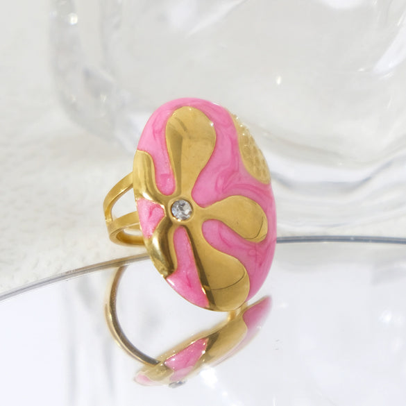 Stainless Steel Geometric Oval Ring With Oil Dropping Small Flower And Diamond Electroplated Unisex High Color Retainability Summer New