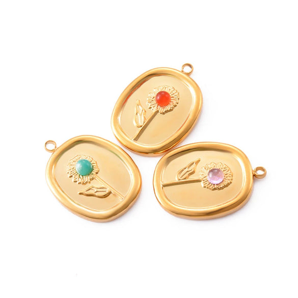 Stainless Steel Geometric Oval Sunflower Relief Jewelry Accessories Diy Earrings Pendant Flower Pendant Electroplated