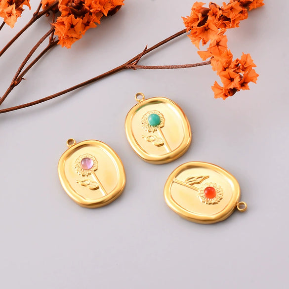 Stainless Steel Geometric Oval Sunflower Relief Jewelry Accessories Diy Earrings Pendant Flower Pendant Electroplated