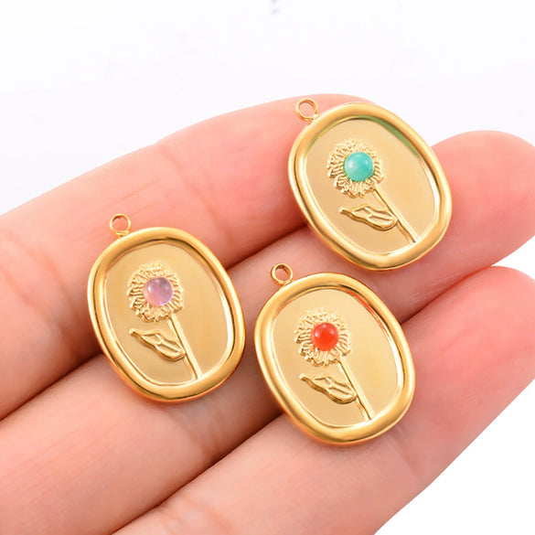 Stainless Steel Geometric Oval Sunflower Relief Jewelry Accessories Diy Earrings Pendant Flower Pendant Electroplated