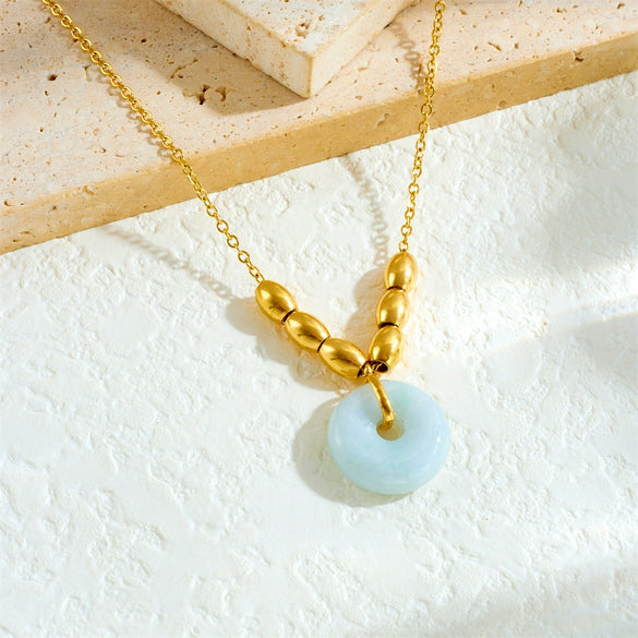 Stainless Steel Geometric Pattern Gold Plated Oval Beaded O Word Chain Pendant Necklace Accessories
