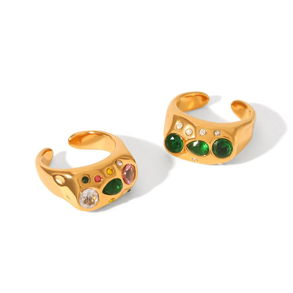 Stainless Steel Geometric Pattern Hammering Opening Ring Inlaid Zircon For Women