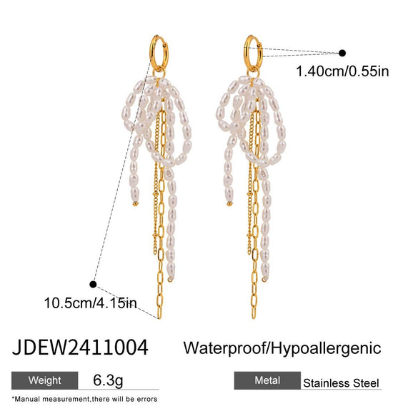 Stainless Steel Geometric Pearl Bow Tassel Earrings Electroplating For Women Retro Style