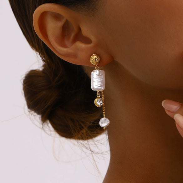Stainless Steel Geometric Pearl Bow Tassel Earrings Electroplating For Women Retro Style