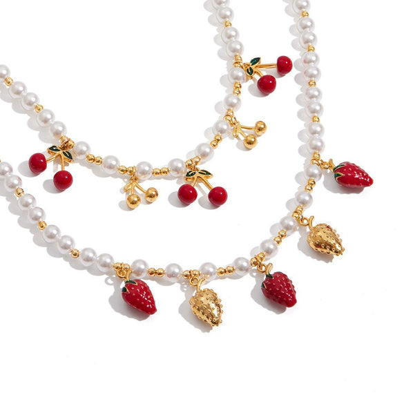 Stainless Steel Geometric Pearl Oil Dripping Cherry Pendant Necklace Jewelry With Electroplating And Original Design For Women