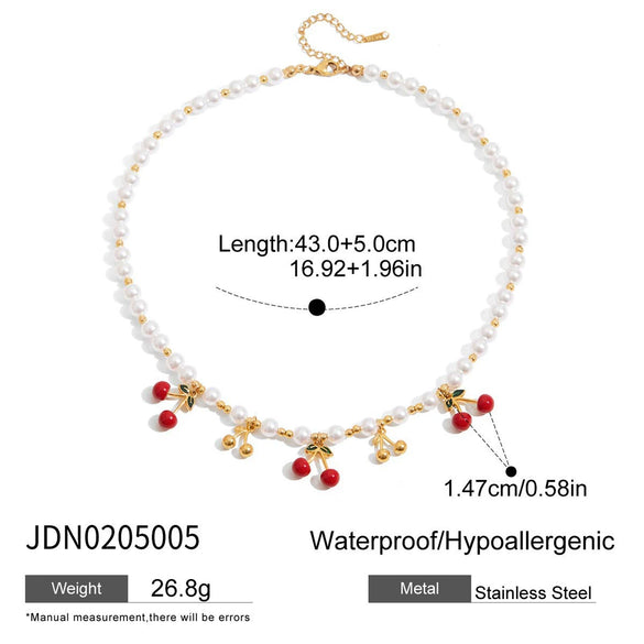 Stainless Steel Geometric Pearl Oil Dripping Cherry Pendant Necklace Jewelry With Electroplating And Original Design For Women