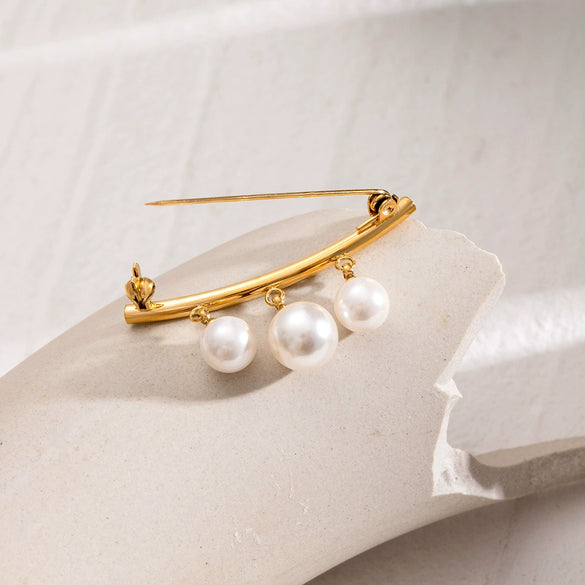 Stainless Steel Geometric Pearl Pendant Brooch With Electroplating Design