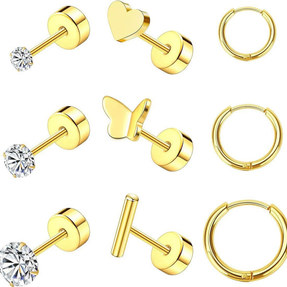 Stainless Steel Geometric Plant Flowers Style Electroplated Piercing Jewelry Ear Studs Ear Bone Nails Barbell Wafer Earrings Combination Suit